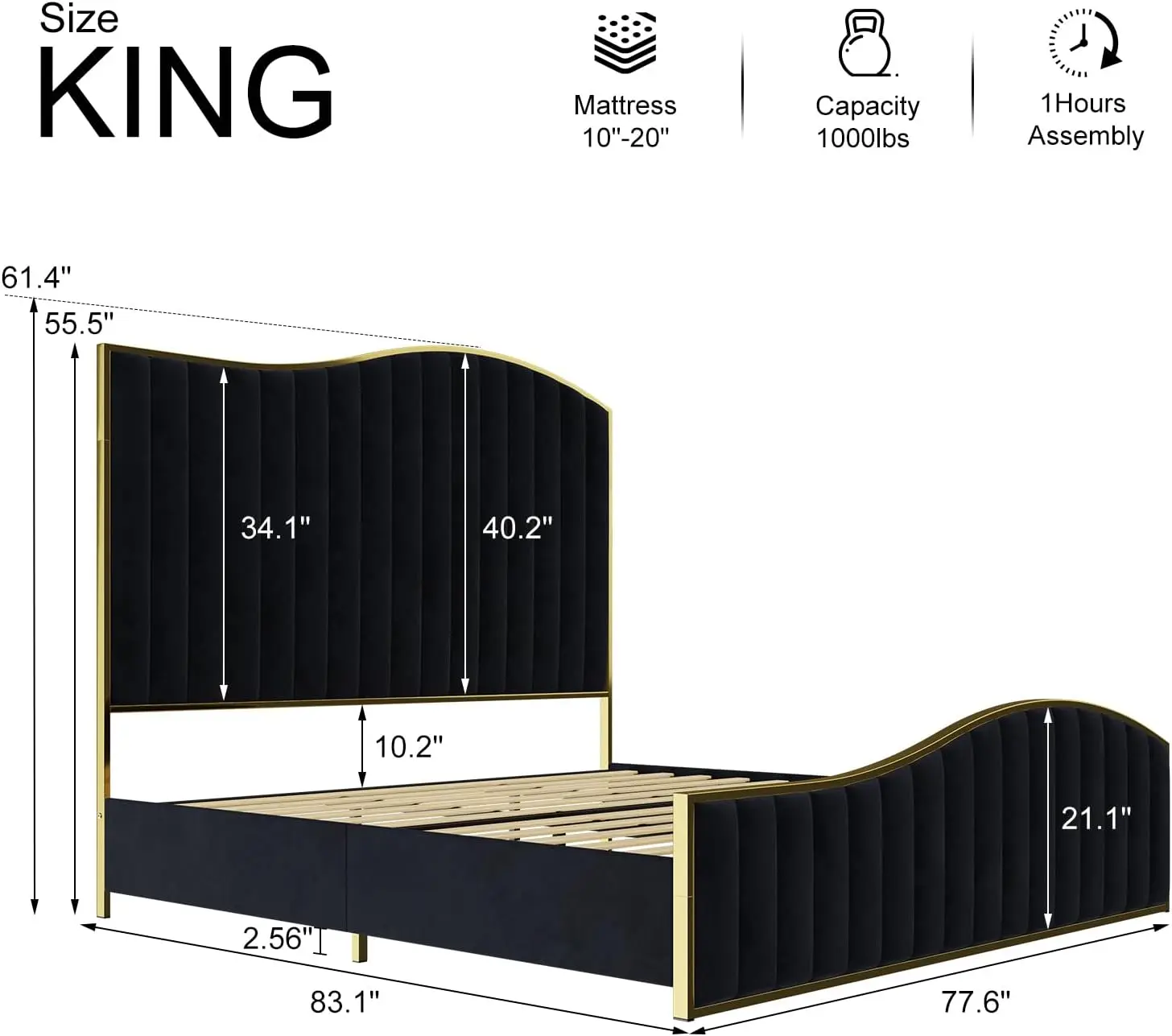 King Size Velvet Upholstered Harp Bed Frame, 61.4