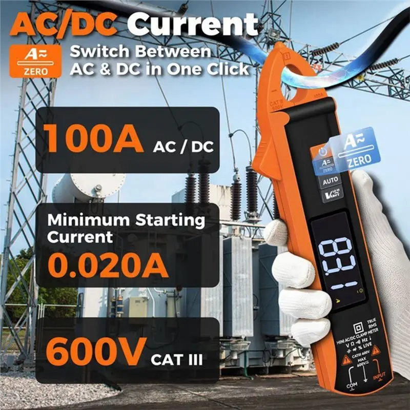 B62B Digital Clamp Meter Multimeter 100A, 6000 Digits TRUE RMS High Accuracy, NCV Capacitance Ohm Hz Voltage Tester, AC DC