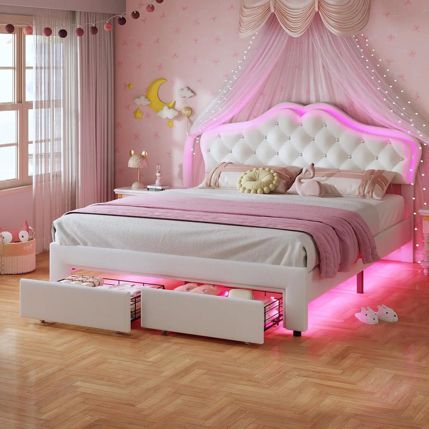 

Full Size Girl Bed With 2 Storage Drawers & Led Lights, Upholstered Platform Bed, Adjustable Headboard With Velvet Crystal