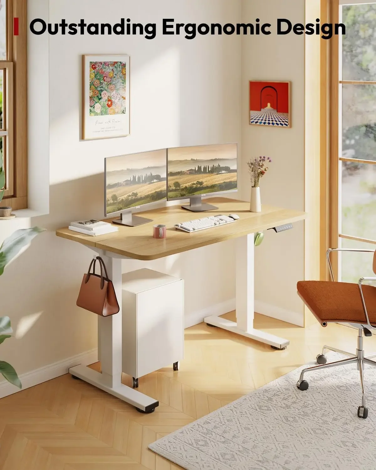 مكتب قائم بارتفاع قابل للتعديل كهربائي 40 × 24 بوصة مكتب حامل للمكتب المنزلي مع لوحة لصق، إطار أبيض/قمة من خشب القيقب #4