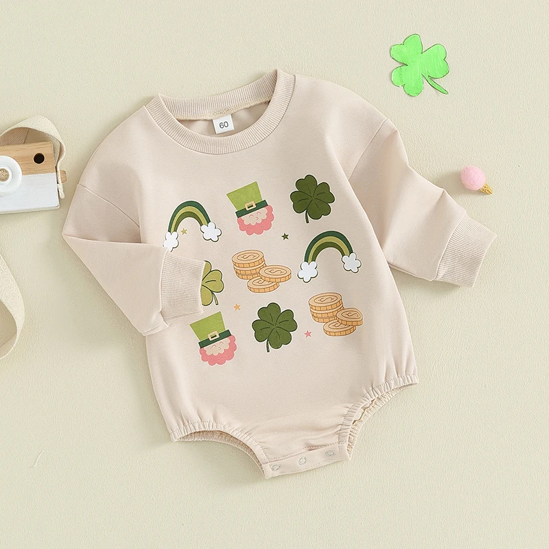 St Patrick s Day Baby Girl Romper Shamrock Rainbow Print Round Neck Long Sleeve Jumpsuit Toddler Outfit for Irish Festivals