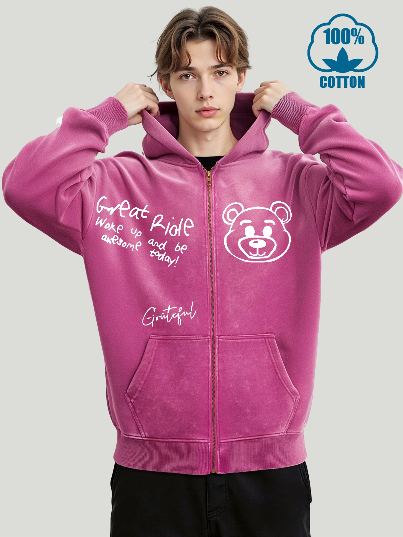 

Artistic Alphabet And Little Bear Mens Washed Zipper Hoody Fashion Loose Streetwear Casual Cotton Zip-Up Hoodie Mans Autumn Tops