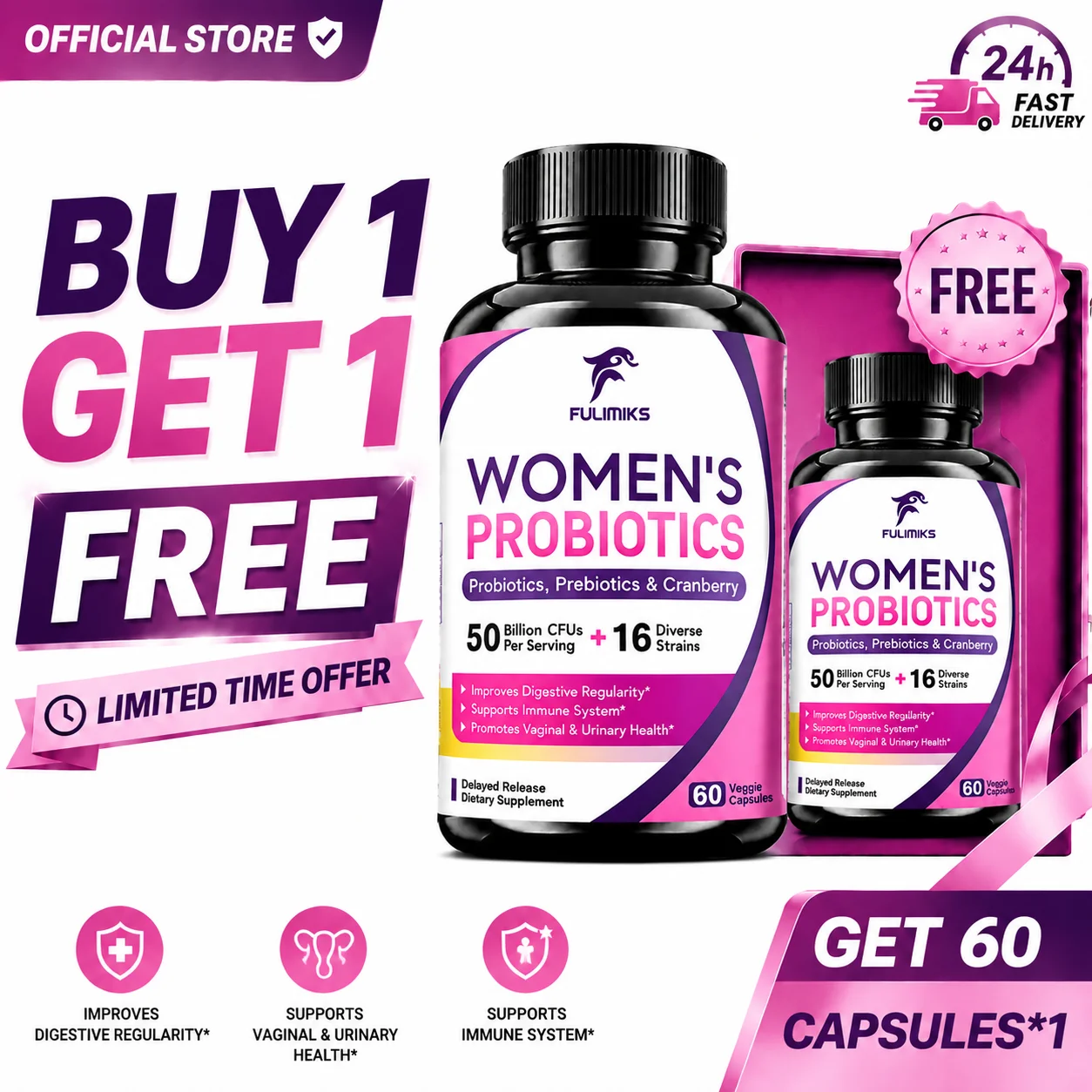 Women's Probiotic Supplement 50 Billion CFU 16 Strains, with Cranberry, Digestive Immune, Vaginal & Urinary Health, Gut Balance