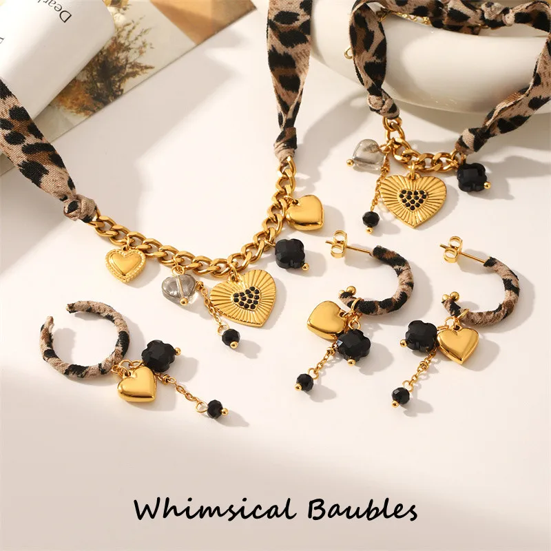 

DIY Handmade Stainless Steel Bracelet,Leopard Print Stainless Steel Heart Pendant Necklace, Vintage Style Earrings for Women