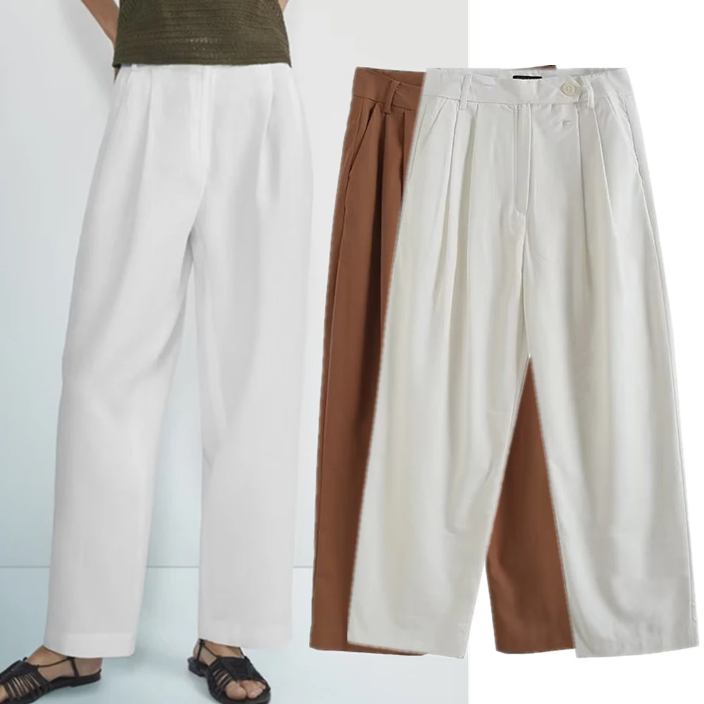 

Withered British Lazy Style Cotton Linen Straight Trousers Simple Office Ladies Commuter Solid Color Casual Pants Women