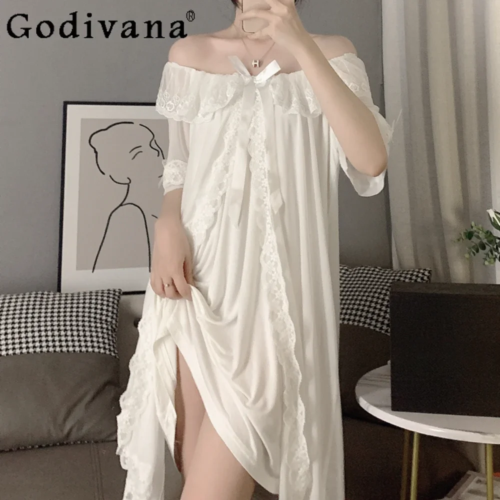 

Pajamas Women's Summer Sexy Sleepwear Short Sleeve Lace Princess Court Style Nightwear Homewear Robe