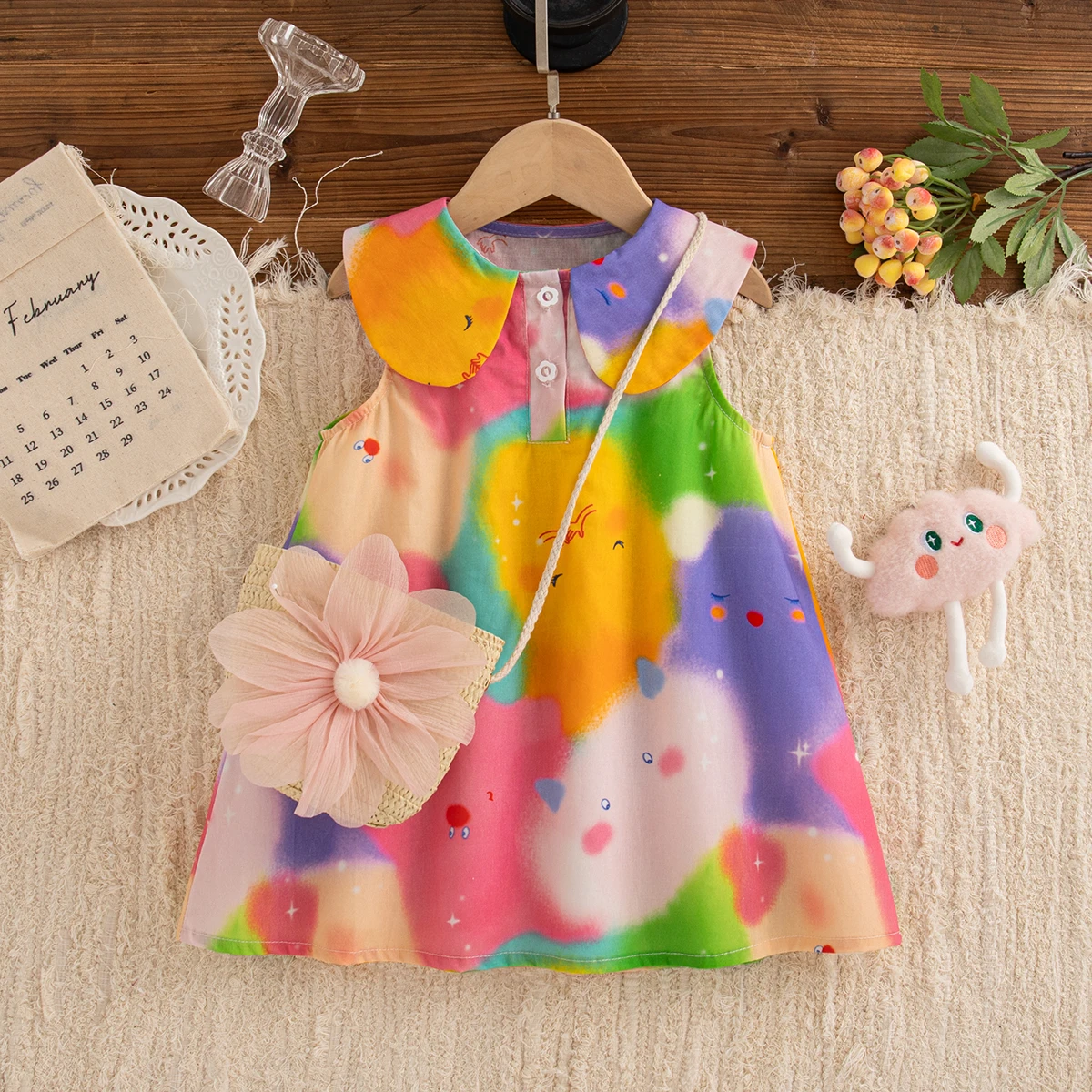 

Korean Style Baby Girl Dress Cute Cartoon Print Sleeveless Doll Collar Cotton Dress for Girls Summer Outing Clothing Sent Bag