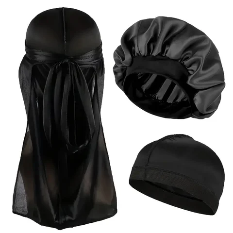3pcs/set, Durag & Bonnet & Dome Hats, Solid Color Elastic Satin Bonnet Night Cap, Lightweight Pirate Hats