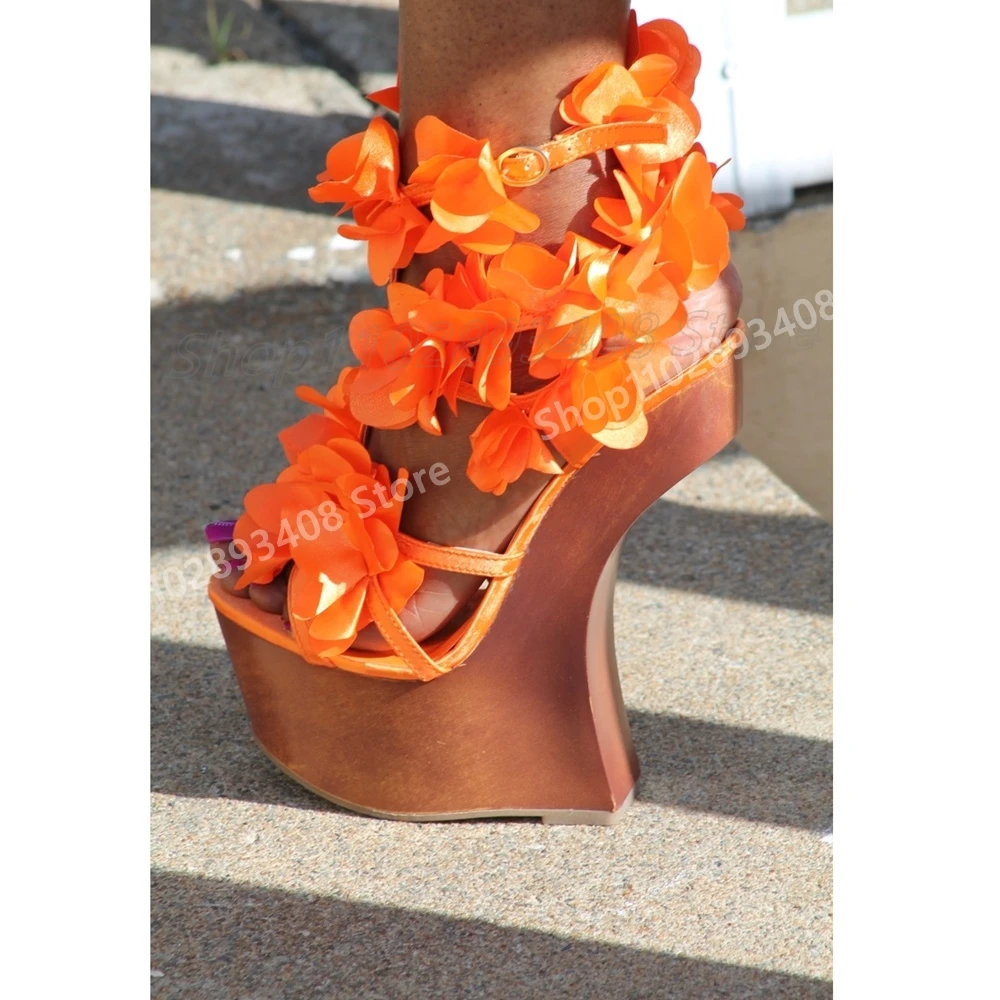 

Sexy Orange Color Flowers Decor Hollow Sandals New Design Strange Style High Heel Women Shoes 2025 Summer Zapatos Para Mujere