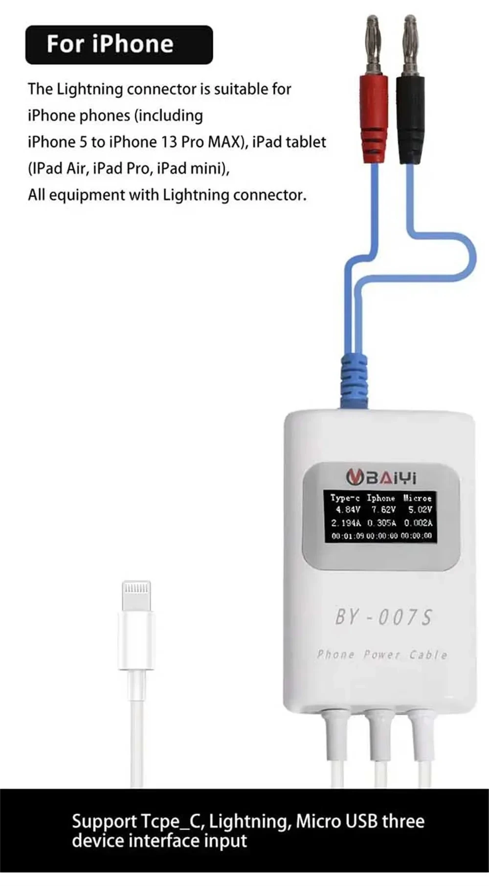 BY-007S Slimme oplaaddetectiekabel Snel opladen Protocollen Snel detecteren Type_C Lightning Micro USB Interface voor drie apparaten