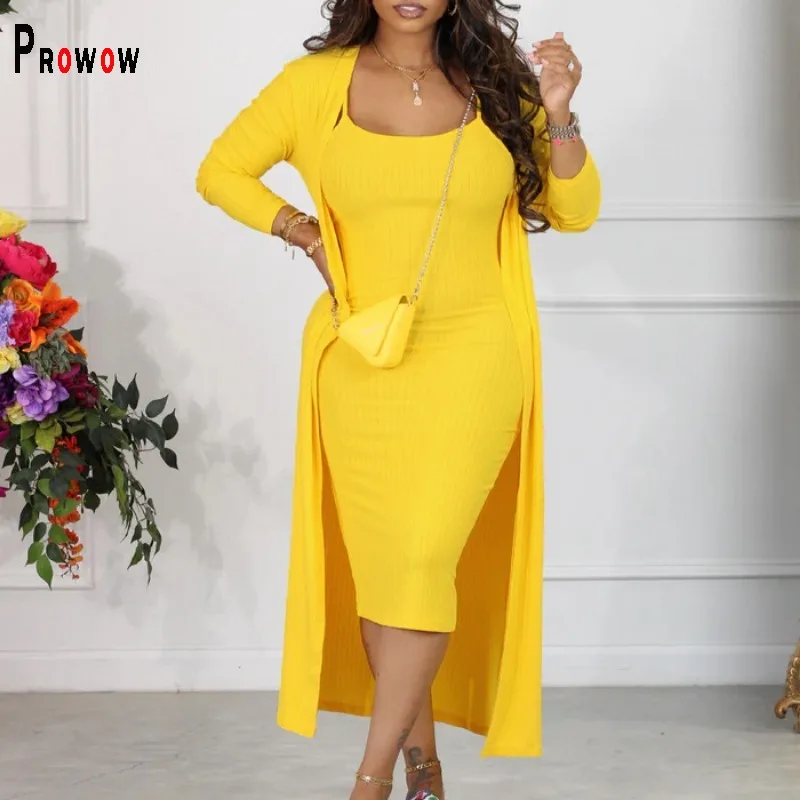 

Prowow Solid Color Women's Dress Set Solid Color Slim Fit Spring Fall Female Clothing Set Slip Dress + Cardigan Two Piece Suits