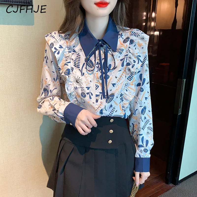 CJFHJE Spring Loose Women's Silk Printed Shirt Korean Fashion Versatile Lace Up Women Fragmented Mulberry Silk Small Shirt Top