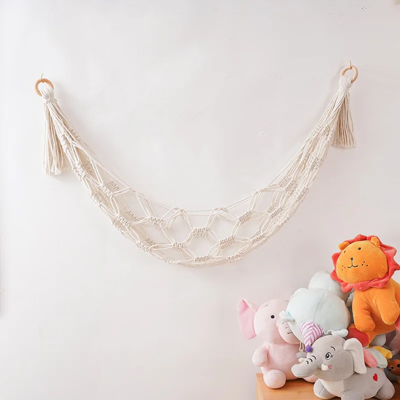 Handmade Macrame Fruit Hammock with Tassels Wall Mounted Cotton Rope Toys Storage Net Boho Tapestry for Kitchen and Home Decor