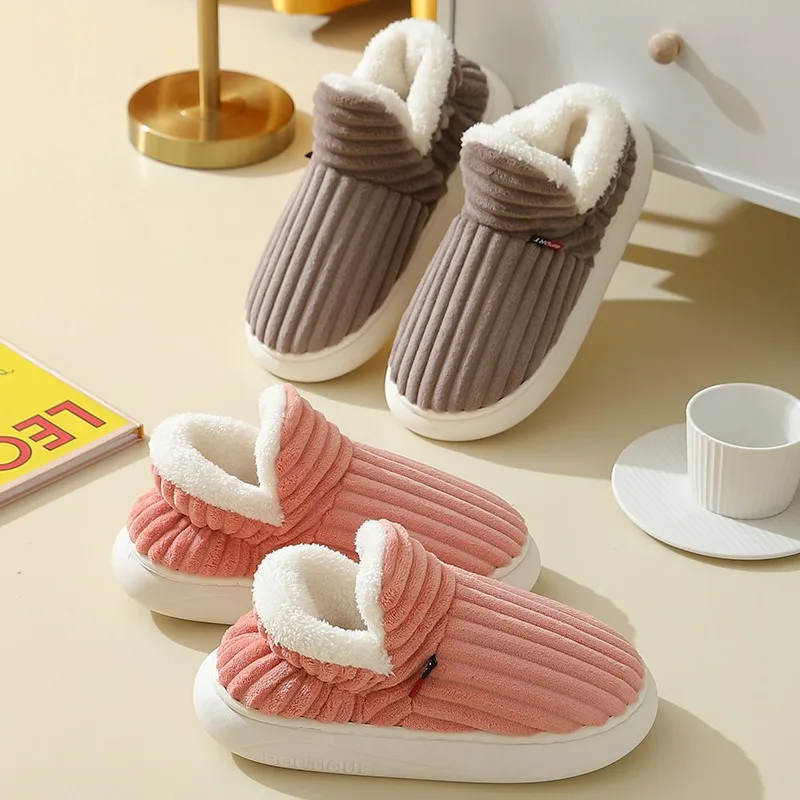 Winter Women Plus-Size Fleece-Lined Cotton Slippers Cozy Slip-On Warm Slippers Non-Slip Home Shoe Plush Indoor Casual Shoe