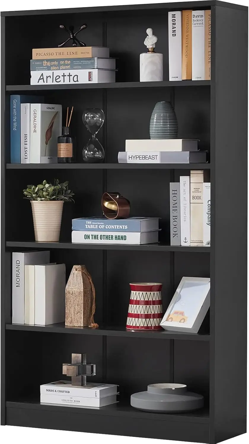 Black Bookshelf for Bedroom 5 Shelf Office Bookcase 60 Inches Tall Modern Wood Bookshelf