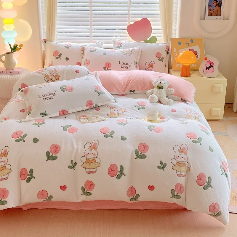 

1 шт., фланелевой пододеяльник с розовым кроликом и тюльпаном, мягкое постельное белье с милым узором для декора спальни