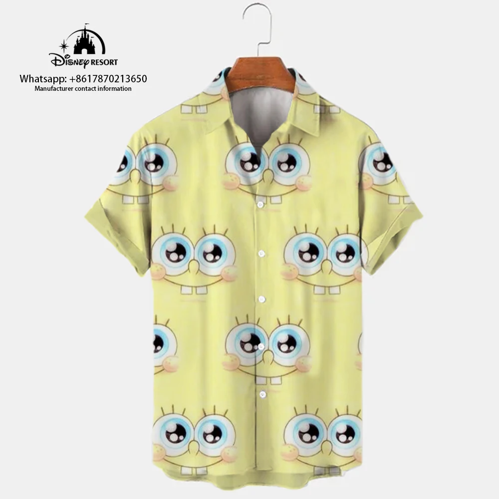 

2023 Fashionable Men's New Lapel Short Sleeve Single Breasted Shirt Summer SpongeBob Pattern Printed Casual All-match Shirt y2k