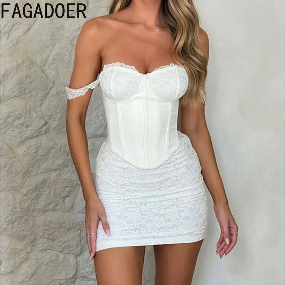 

FAGADOER White Elegant Lace Corset Off Shoulder Bodycon Mini Dresses Women V Neck Backless Slim Vestidos Fashion Sweet Clothing