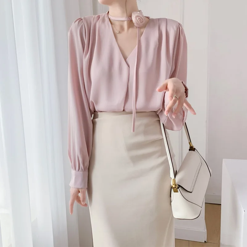 Temperament Chiffon Loose Blouse Spring Autumn New Long Sleeve V Neck Solid Elegant Shirt Tops Fashion Korean Women Clothing