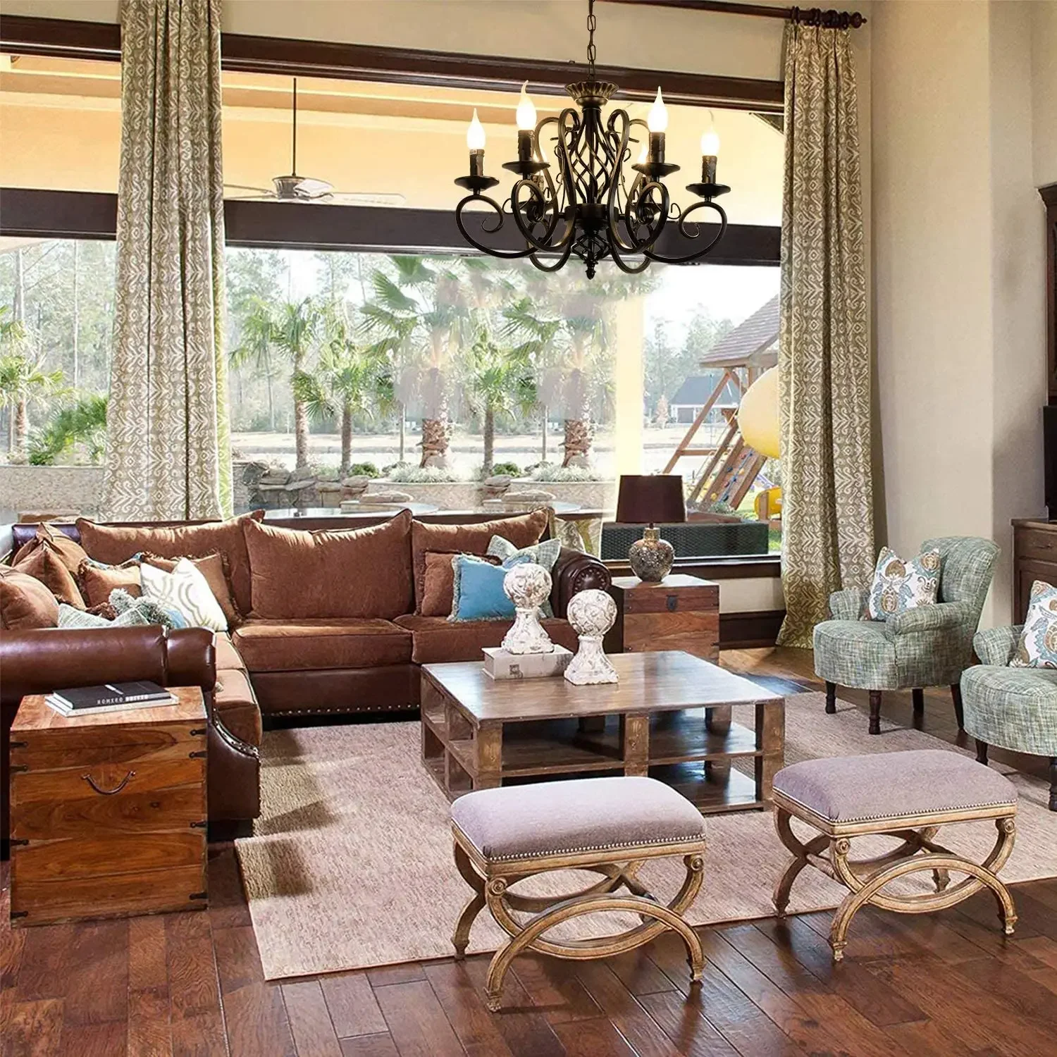 أسود 6-Light البلد الفرنسي الثريا خمر المعادن مزرعة شمعة الحديد قلادة تركيب المصابيح لجزيرة المطبخ #5