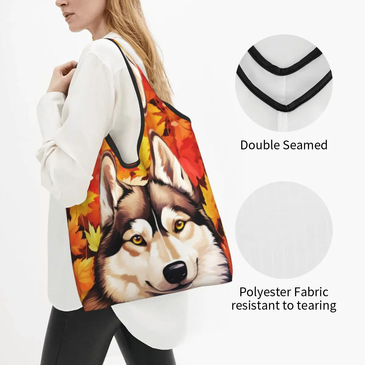 Autumn Fall Siberian Husky Dog Portable Tote Shopping Bags Reusable Shopper Bag Grocery Handbag Shoulder Bag