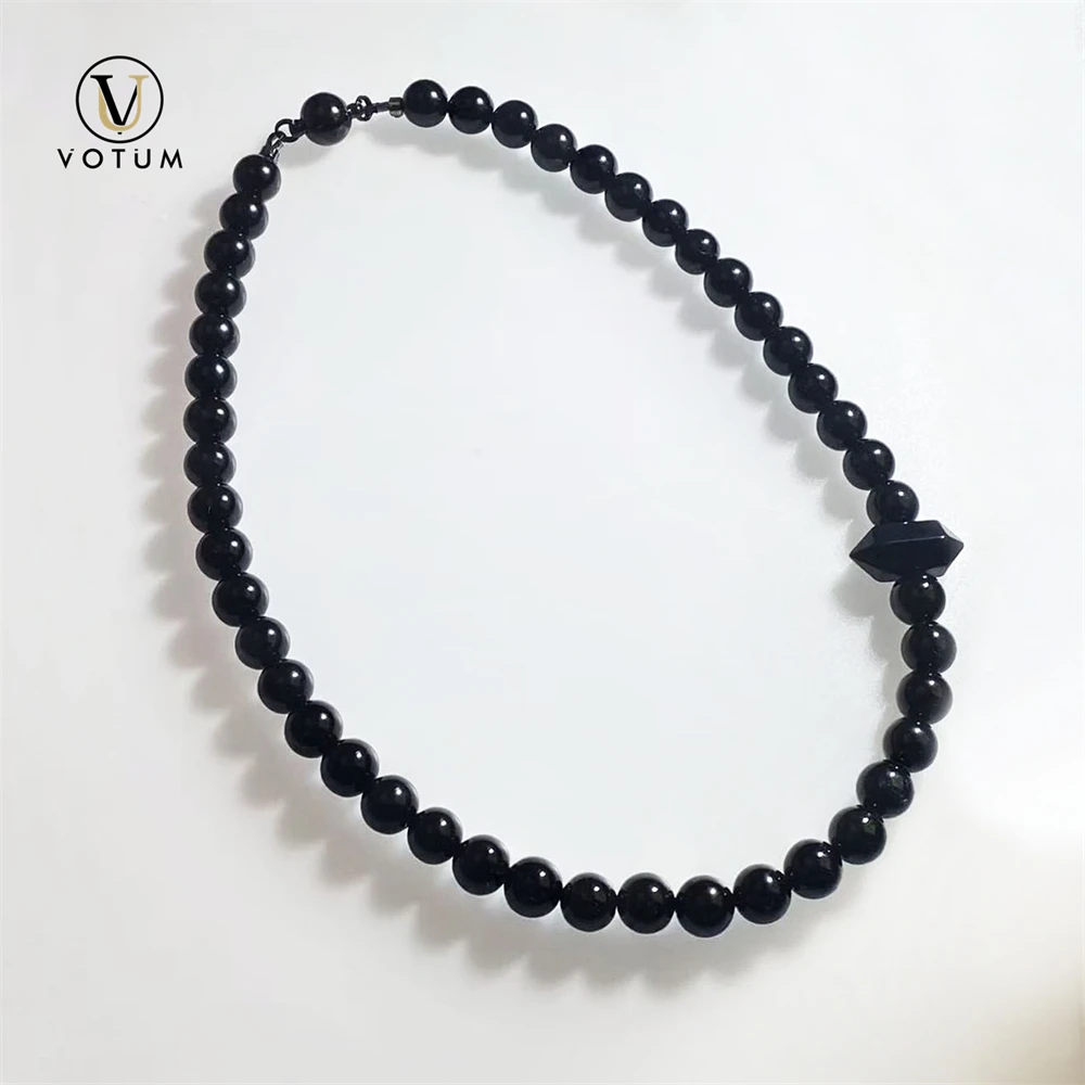 Votum Natural All Black Agate Double Terminated Beads Choker Necklace for Women Men Chakra Balance Stone Reiki Necklaces Jewerly