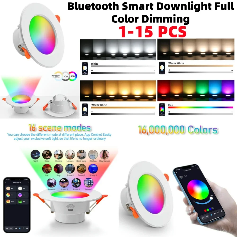 1-15 PCS Bluetooth Smart Downlight Full Color Dimming 3 Inch Tuya Bluetooth Control Tuya Downlight 10W 2700K-6500K Home Lighting