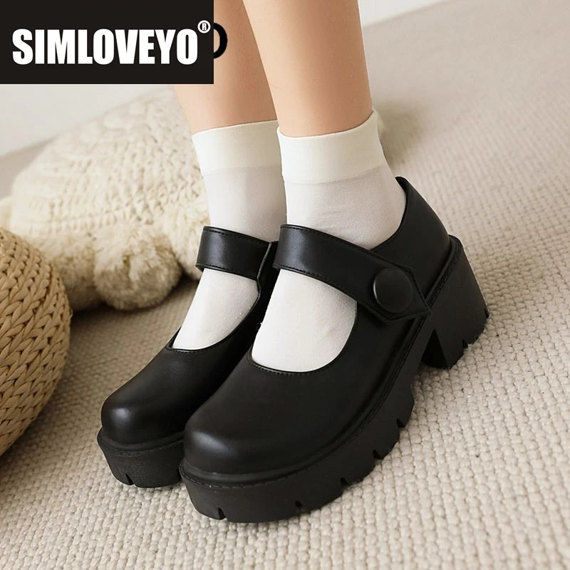 

SIMLOVEYO Новые женские туфли-лодочки Мэри Джейн с круглым носком на блочном каблуке 6,5 см на платформе 2,8 см на липучке, большие размеры 41 42 43 Повседневная повседневная обувь