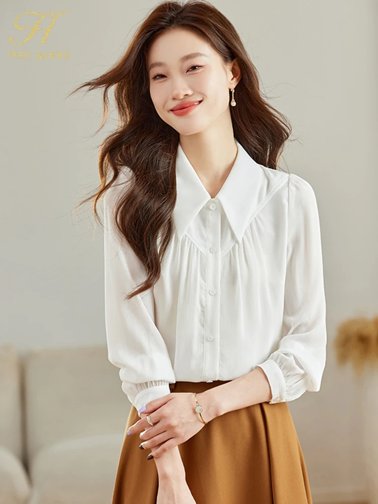 H Han Queen 2024 Korean Dongdaemun Autumn Shirt Women's Blouses Vintage Work Casual Tops White Chiffon Loose Long Sleeve Blouse 