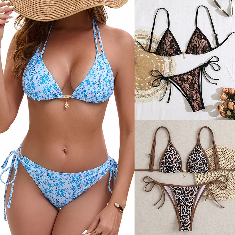 

Новый купальник-бикини из двух частей с треугольными чашечками, кружевом и подвеской в виде морской звезды, сексуальный, для женщин