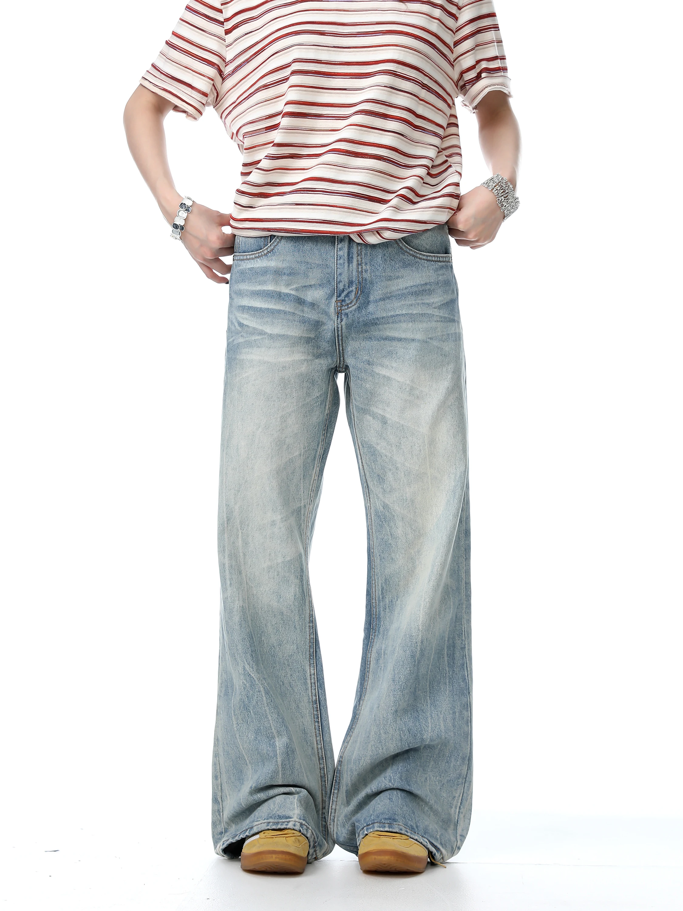 

American Retro Waed Light Blue Bell Bot Straight Leg Jeans ex High Street Casual Slimming Trousers