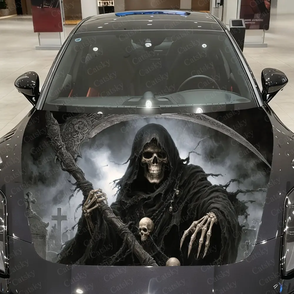 Nether Scythe Skull Envoy Car Vinyl Wrap, PVC Waterproof Car Hood Sticker, Self-Adhesive Scratch-Resistant Stickers