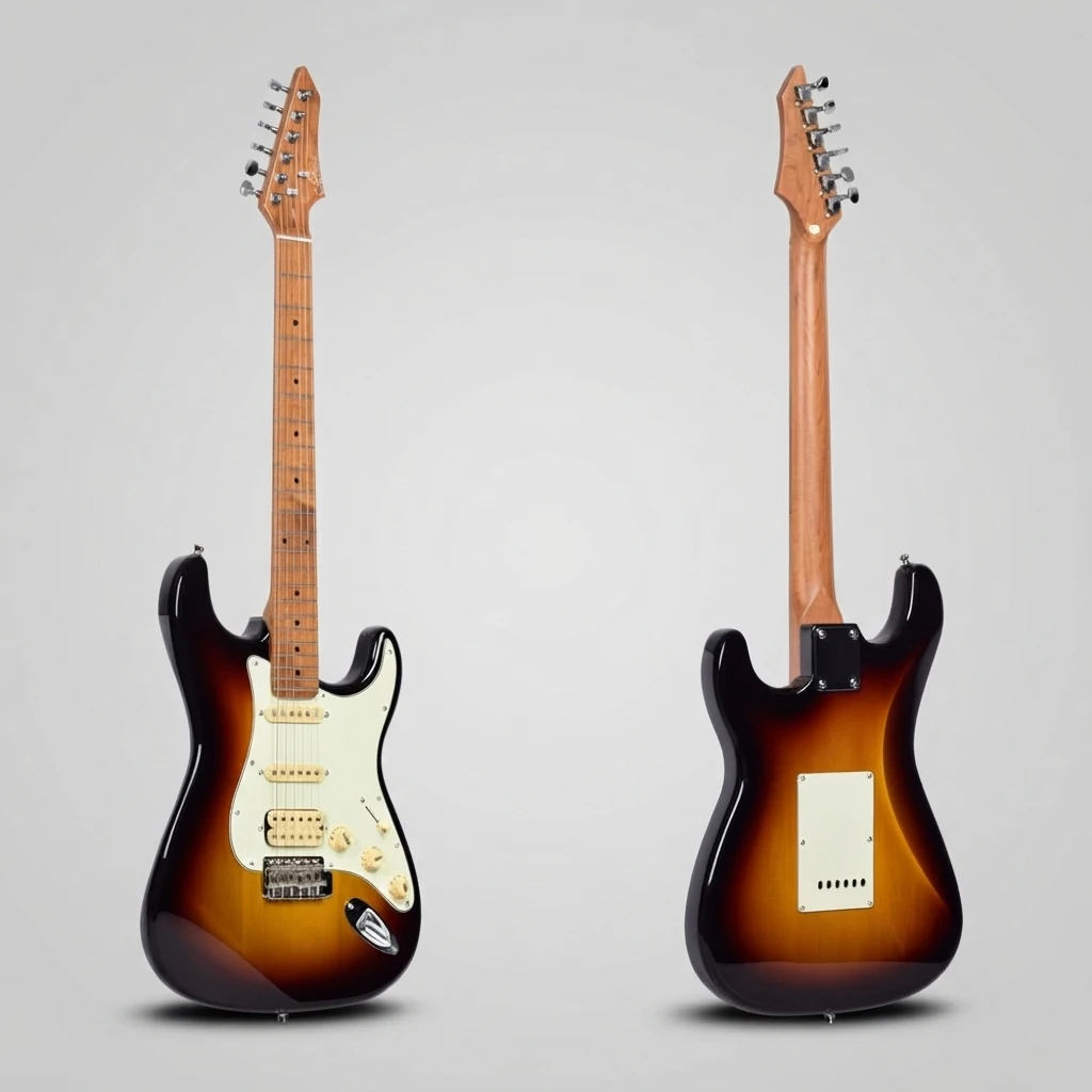 Single Cutaway Electric Guitar, HSS Pickups, Strat Style, Maple Neck, 6 Color Options, White Pickguard, 6 Strings for Beginners