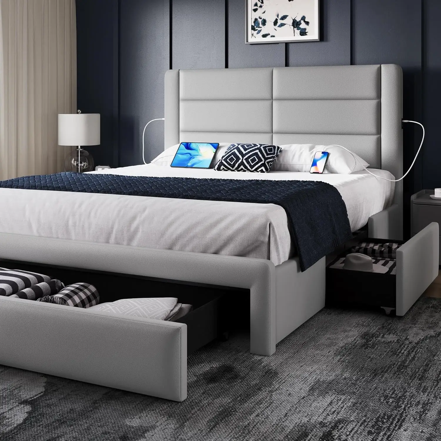 Full Size Bed Frame with 2 USB Charging Station/Port for Type A&C/3 Storage Drawers,Leather Upholstered Platform Bed, Light Gray