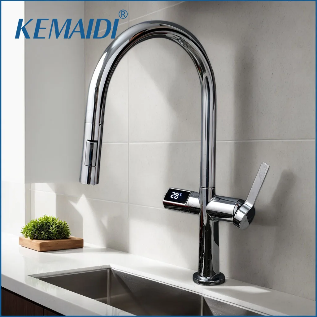 

Бесконтактный кухонный смеситель KEMAIDI с дисплеем температуры, выдвижной распылитель, умные смесители для кухонной мойки, смеситель, бесплатный датчик движения