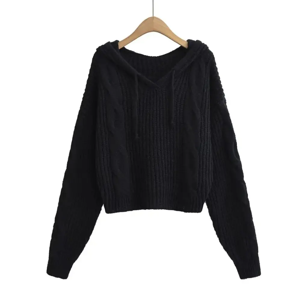 

Women's Loose Lazy Hooded Sweater Autumn Winter Solid Color Short Top Casual Knitwear Fashion Trend