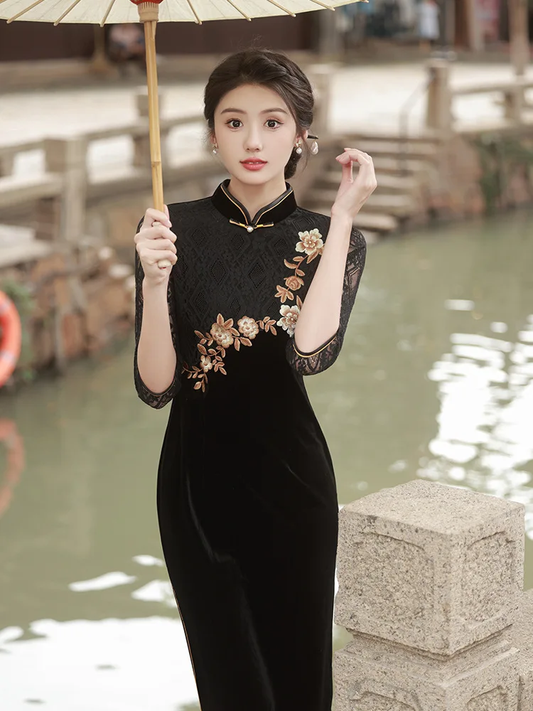 

Sexy Lace Seven Points Sleeve Embroidery Chiffon Velour Qipao Women Knee-Length Cheongsam Retro Chinese Dress Hanfu Vestido