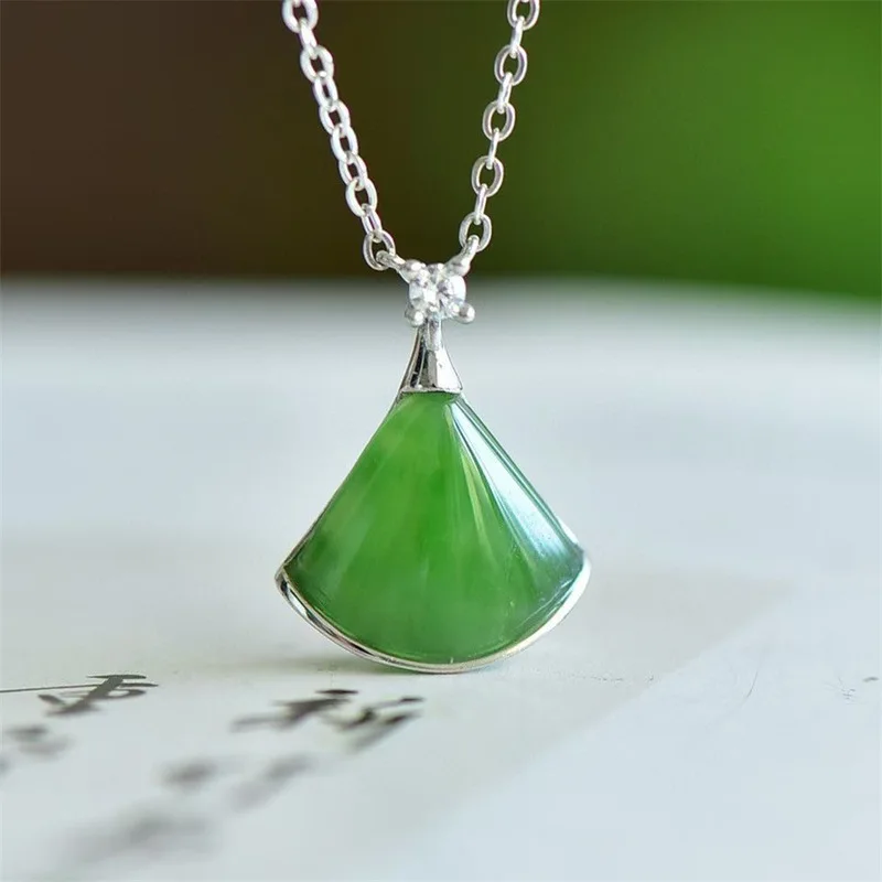 skirt clavicle chain pendant, S925 silver with fan-shaped Hetian jade inlay, passed inspection