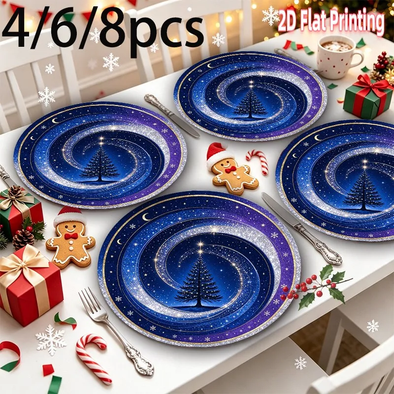 VIKAMA Linen Round Placemats, Navy Blue Galaxy Tree Design, Washable Stain Resistant Easy Clean, Festive Holiday Table