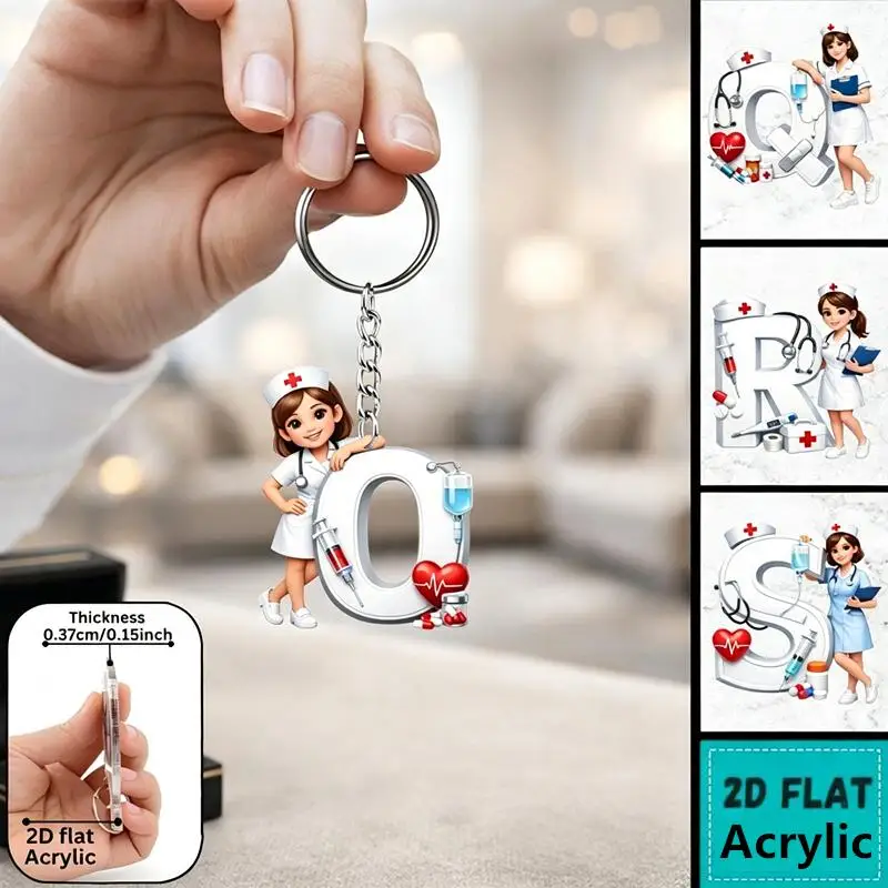 Acrylic Nurse Keychain 2D Printed Light Weight 26 Alphabet for ER ICU Nurse Appreciation Gift Sets