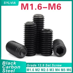 100/ /50 /20 /10pcs M1.6 M2 M2.5 M3 M4 M5 M6 DIN916 Grade 12.9 Black Plated Carbon SteelHex Socket Set Screws Grub Screw