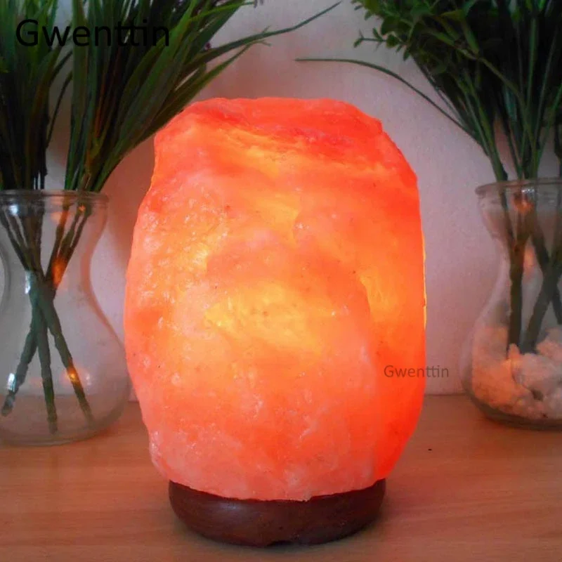 Himalayan Rock Crystal Salt Lamp LED Night Light Hand Carved Wooden Base Stand Light Air Purifier Bedroom Home Decor Luminaria