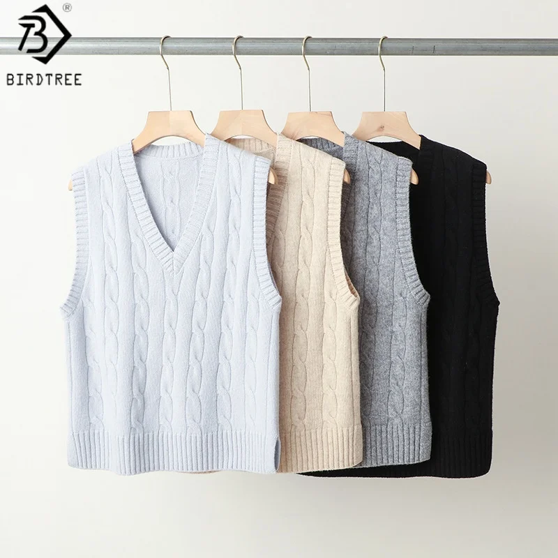 

Birdtree 100% овечья шерсть вязаный свободный жилет в стиле ретро, женский осенне-зимний жилет без рукавов с витым цветком и v-образным вырезом T59322JF