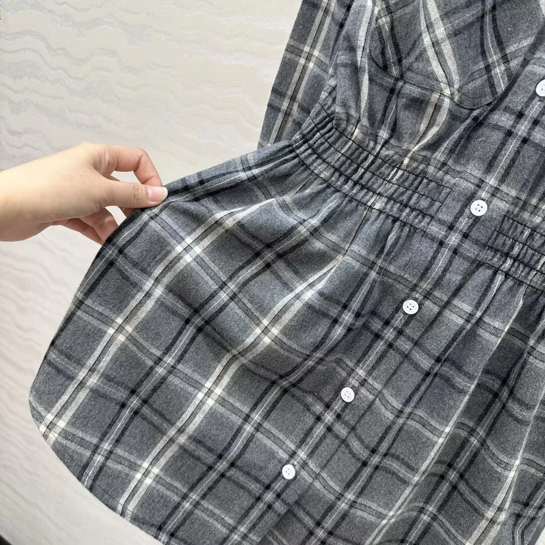 Preppy Style Vintage Grau Kariertes Minikleid Damen Cord Gespleißtes Revers Langarm Vordertaschen Elastische Taille Hemdkleider