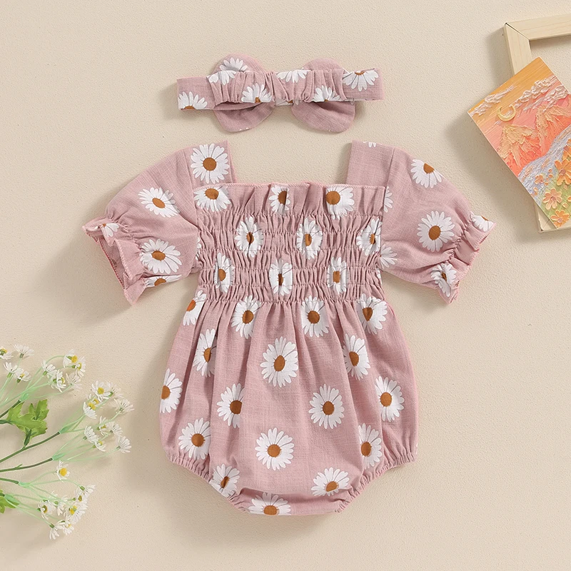 Infant Girl 2-Piece Summer Set Short Sleeve Floral Print Romper with Matching Headband Newborn Clothing Ensemble