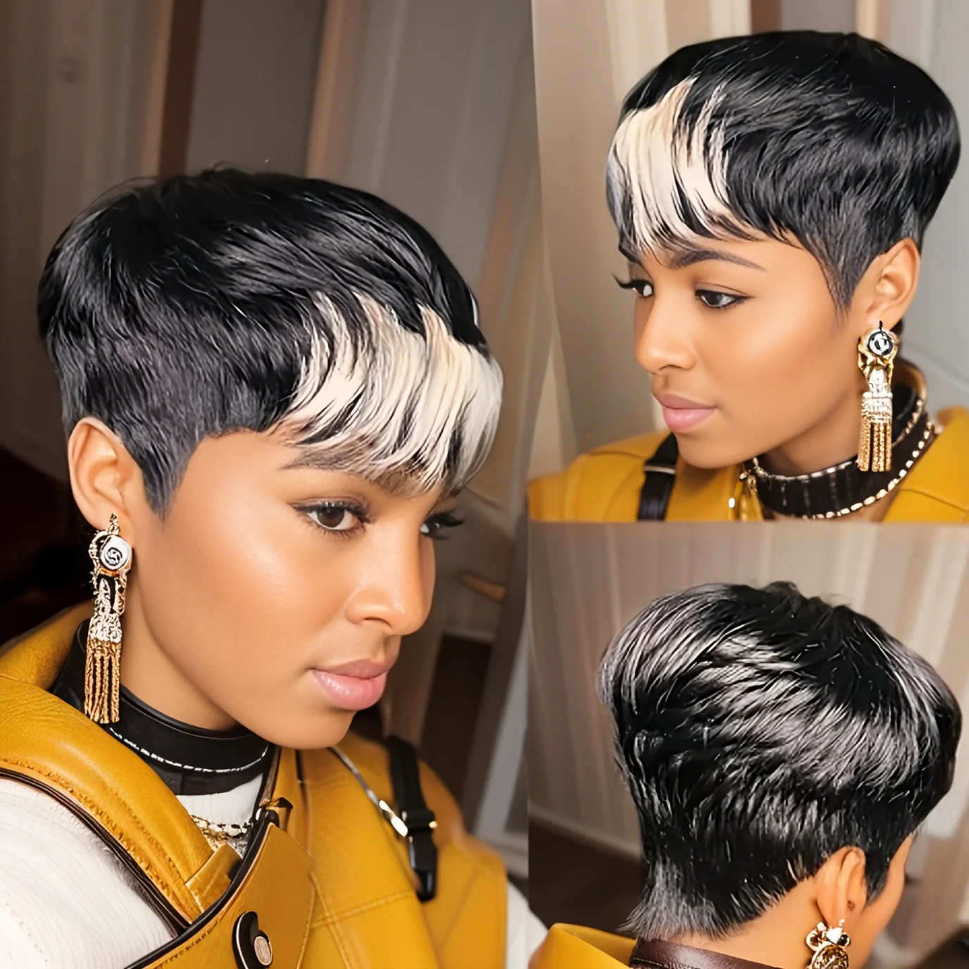 

1B613 Color Pixie Cut Wig Human Hair with Bangs Brazilian Virgin Short Layered Wigs for Women Full Machine Made Wigs