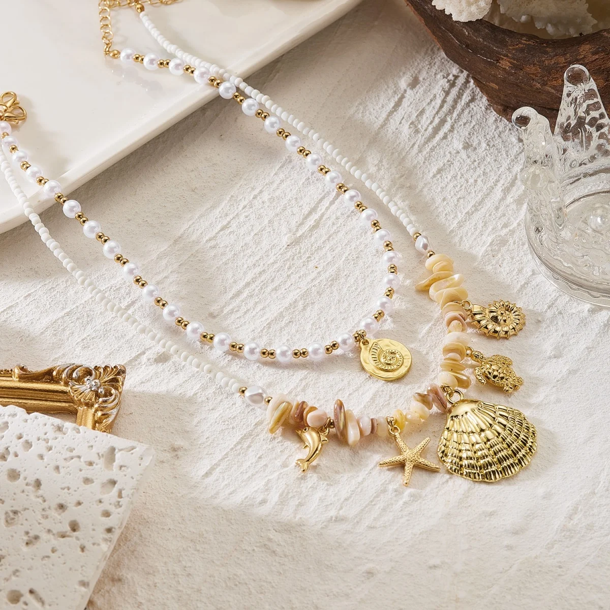 Sommerliche Muschel-Seestern-Imitationsperlen-Quasten-Anhänger-Halskette für Damen und Herren – Seepferdchen, Fisch, Muschel, Schildkröte, Delfin Choker-Schmuck – Detail 30