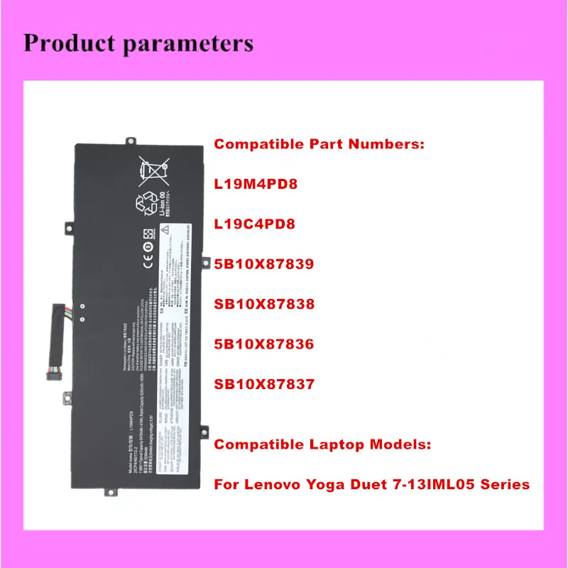 L19M4PD8 Laptop Battery For Lenovo Yoga  Duet 7-13IML05 Series   L19C4PD8  5B10X87839  SB10X87838  5B10X87836  SB10X87837
