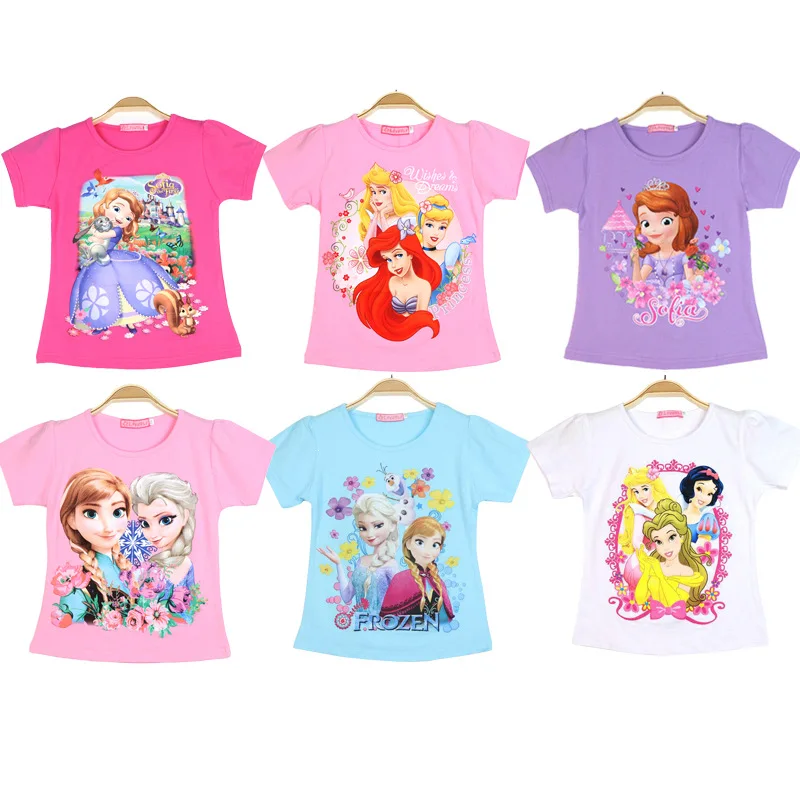 

Summer 2024 New Disney Tee Shirt Girl Clothing for Children's T-shirt Kids Short Sleeve Tops Quality Cotton Frozen Elsa Clothes