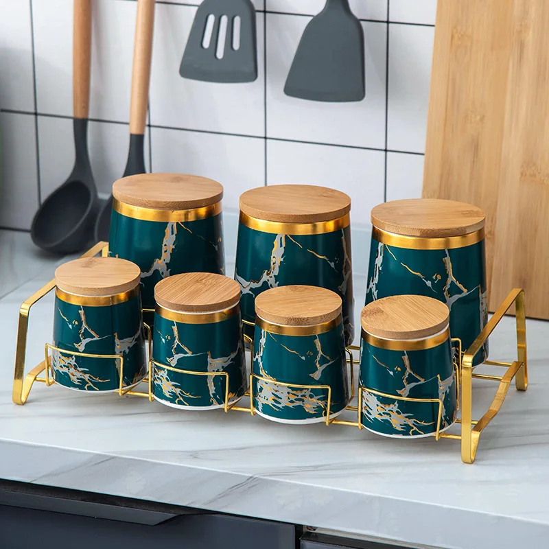 Combination set Ceramic seasoning tank Bamboo cover Storage tank Grain food sealed tank Kitchen storage box